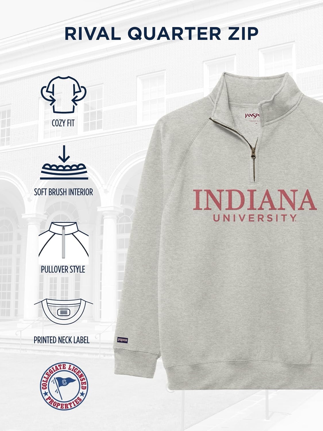image:imageJanSport NCAA Officially Licensed Rival Quarter Zip Sweatshirt Long Sleeve Unisex CottonPolyester Blend StandUp CollarIndiana Hoosiers
