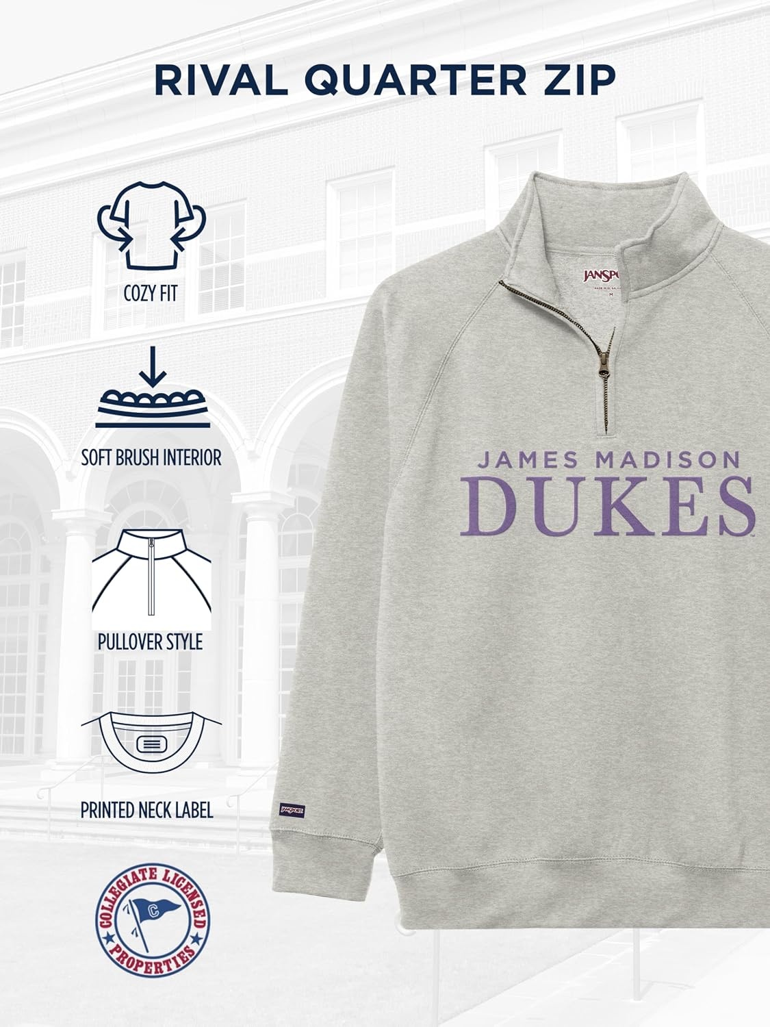 image:imageJanSport NCAA Officially Licensed Rival Quarter Zip Sweatshirt Long Sleeve Unisex CottonPolyester Blend StandUp CollarJames Madison Dukes