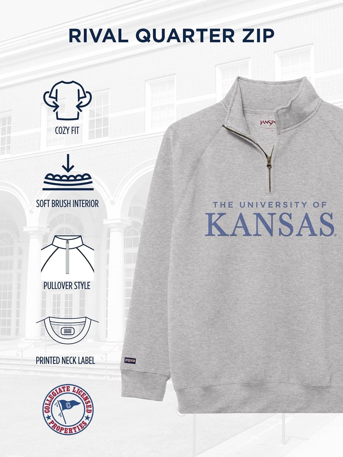 image:imageJanSport NCAA Officially Licensed Rival Quarter Zip Sweatshirt Long Sleeve Unisex CottonPolyester Blend StandUp CollarKansas Jayhawks