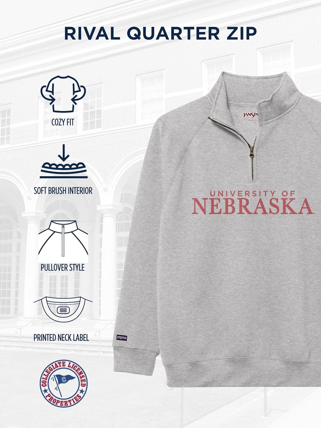 image:imageJanSport NCAA Officially Licensed Rival Quarter Zip Sweatshirt Long Sleeve Unisex CottonPolyester Blend StandUp CollarNebraska Cornhuskers