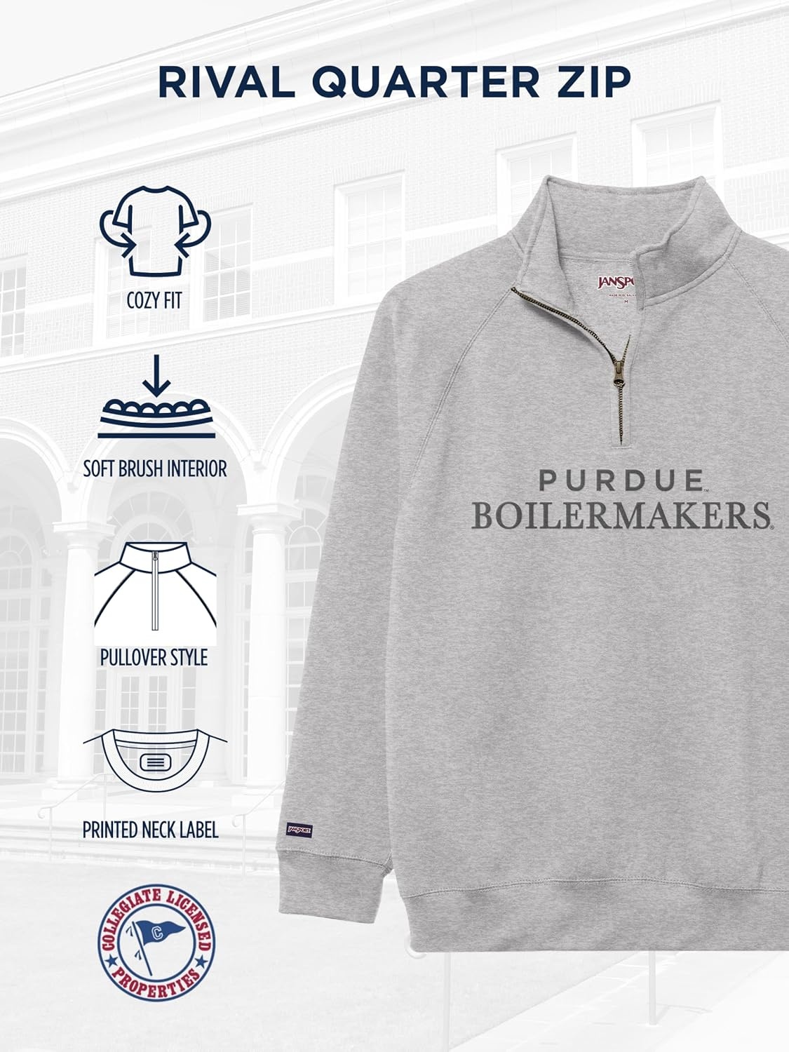 image:imageJanSport NCAA Officially Licensed Rival Quarter Zip Sweatshirt Long Sleeve Unisex CottonPolyester Blend StandUp CollarPurdue Boilermakers