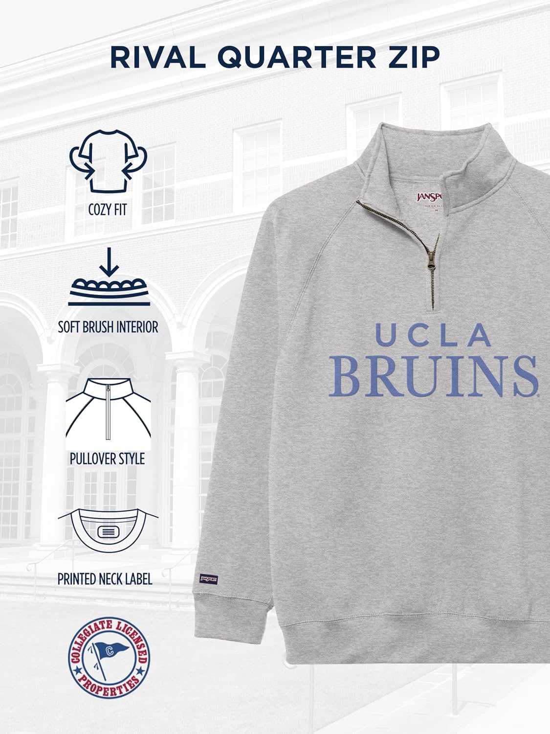 image:imageJanSport NCAA Officially Licensed Rival Quarter Zip Sweatshirt Long Sleeve Unisex CottonPolyester Blend StandUp CollarUCLA Bruins