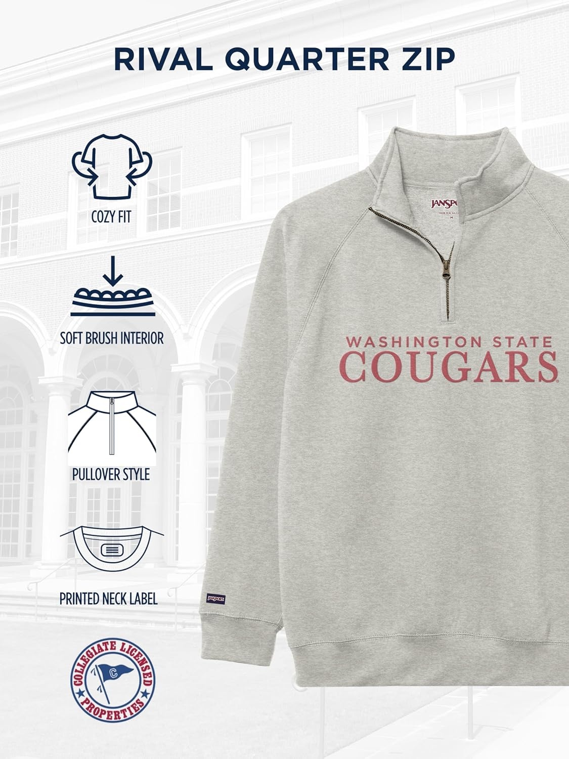 image:imageJanSport NCAA Officially Licensed Rival Quarter Zip Sweatshirt Long Sleeve Unisex CottonPolyester Blend StandUp CollarWashington State Cougars