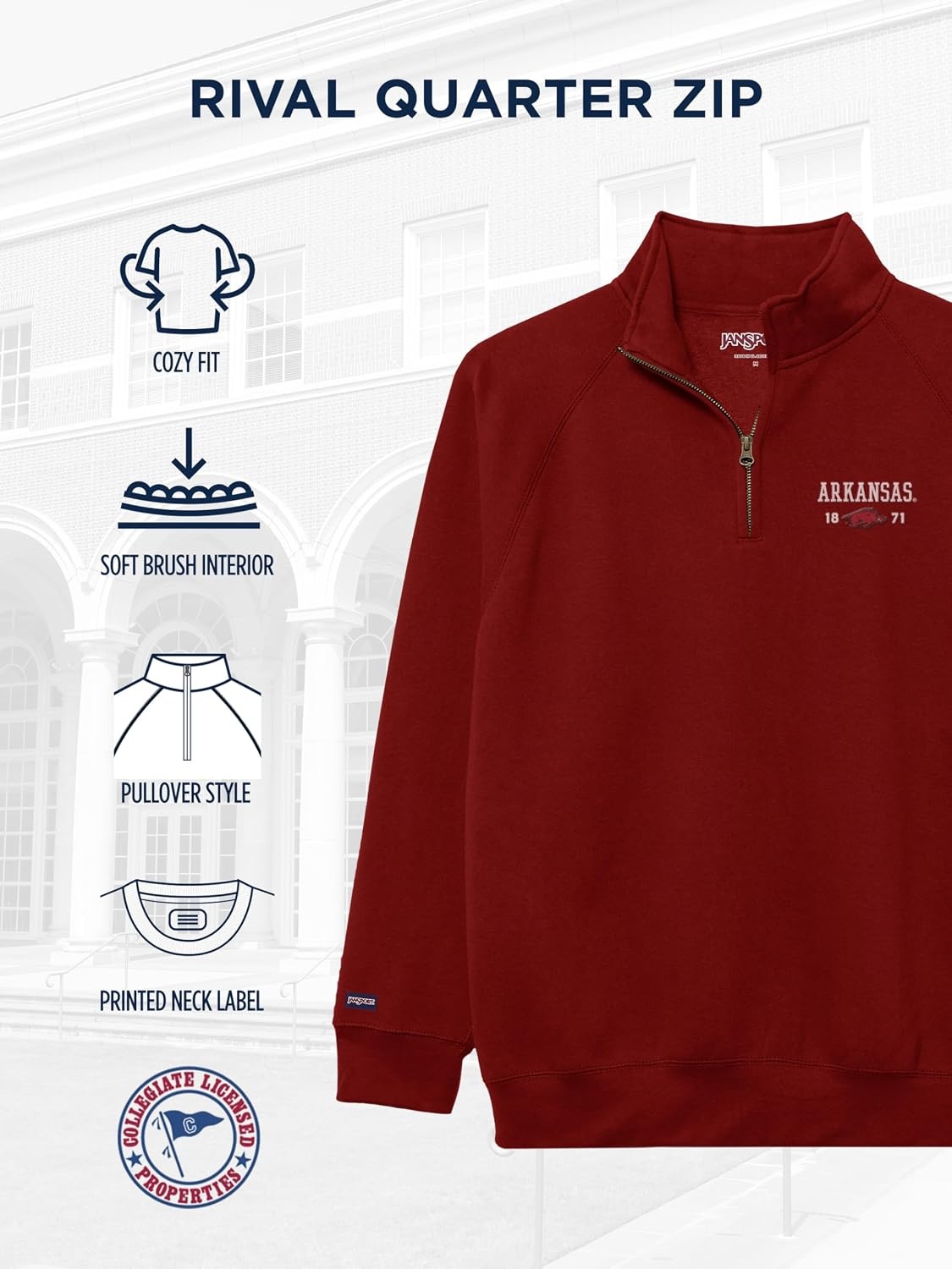 image:imageJanSport Unisex Adult NCAA Officially Licensed Rival Long Sleeve StandUp Collar Quarter Zip SweatshirtArkansas Razorbacks