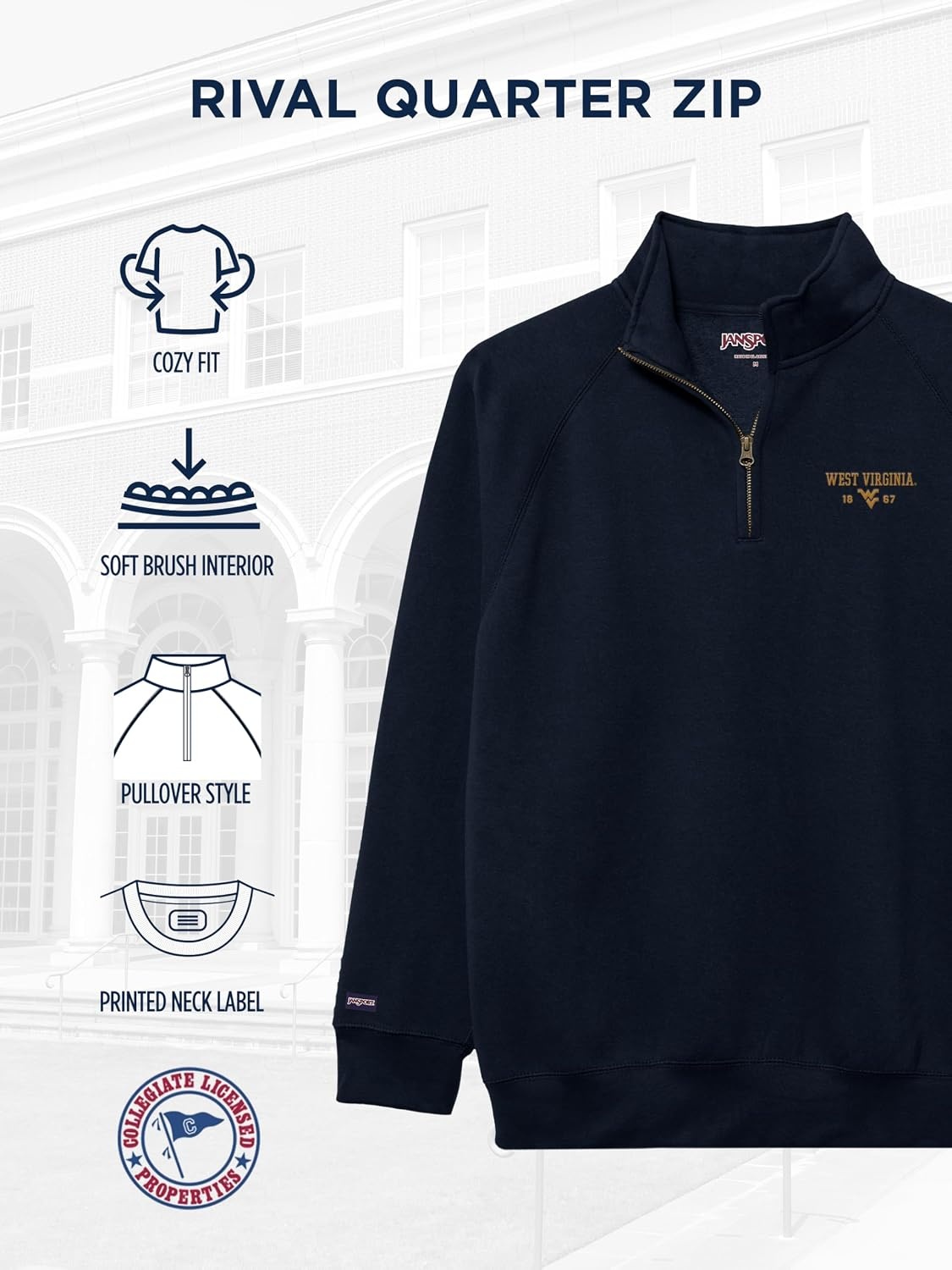 image:imageJanSport Unisex Adult NCAA Officially Licensed Rival Long Sleeve StandUp Collar Quarter Zip SweatshirtWest Virginia Mountaineers