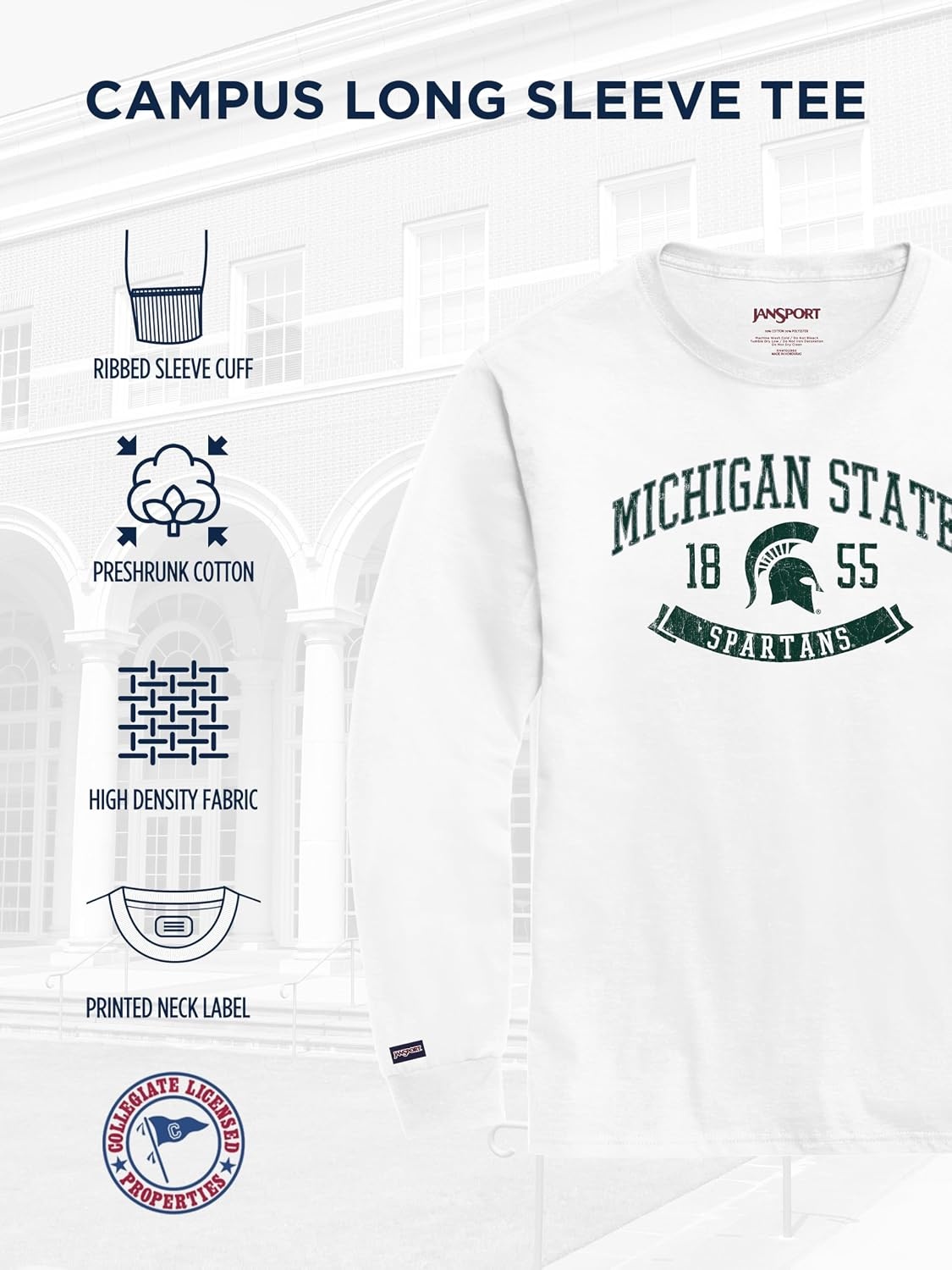 image:imageJanSport NCAA Officially Licensed Campus Long Sleeve T Shirt for Men Soft amp Breathable PreShrunk Cotton Crewneck T ShirtMichigan State Spartans