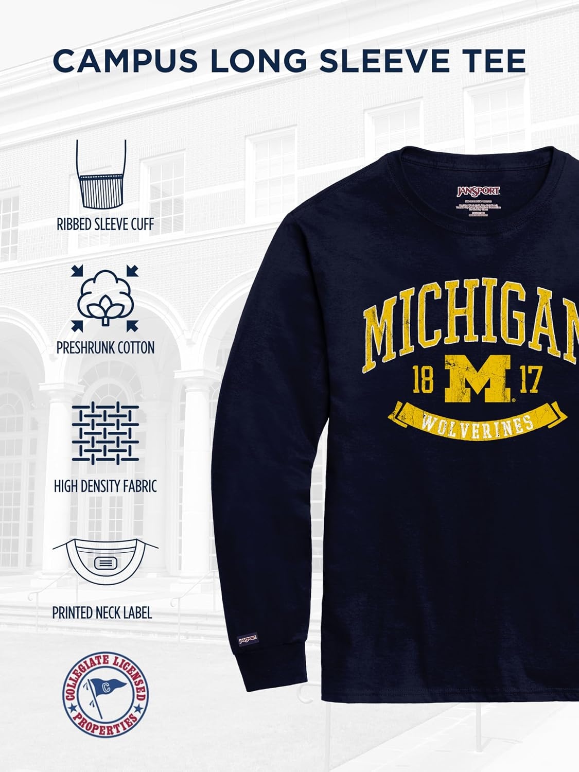 image:imageJanSport NCAA Officially Licensed Campus Long Sleeve T Shirt for Men Soft amp Breathable PreShrunk Cotton Crewneck T ShirtMichigan Wolverines