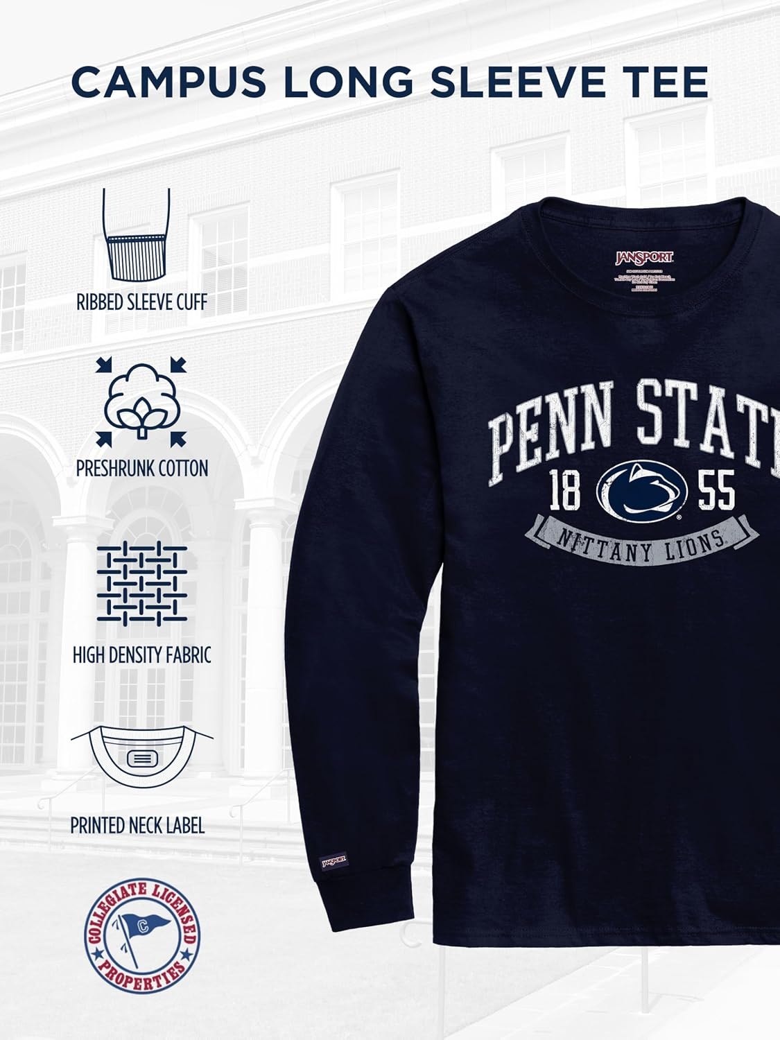image:imageJanSport NCAA Officially Licensed Campus Long Sleeve T Shirt for Men Soft amp Breathable PreShrunk Cotton Crewneck T ShirtPenn State Nittany Lions