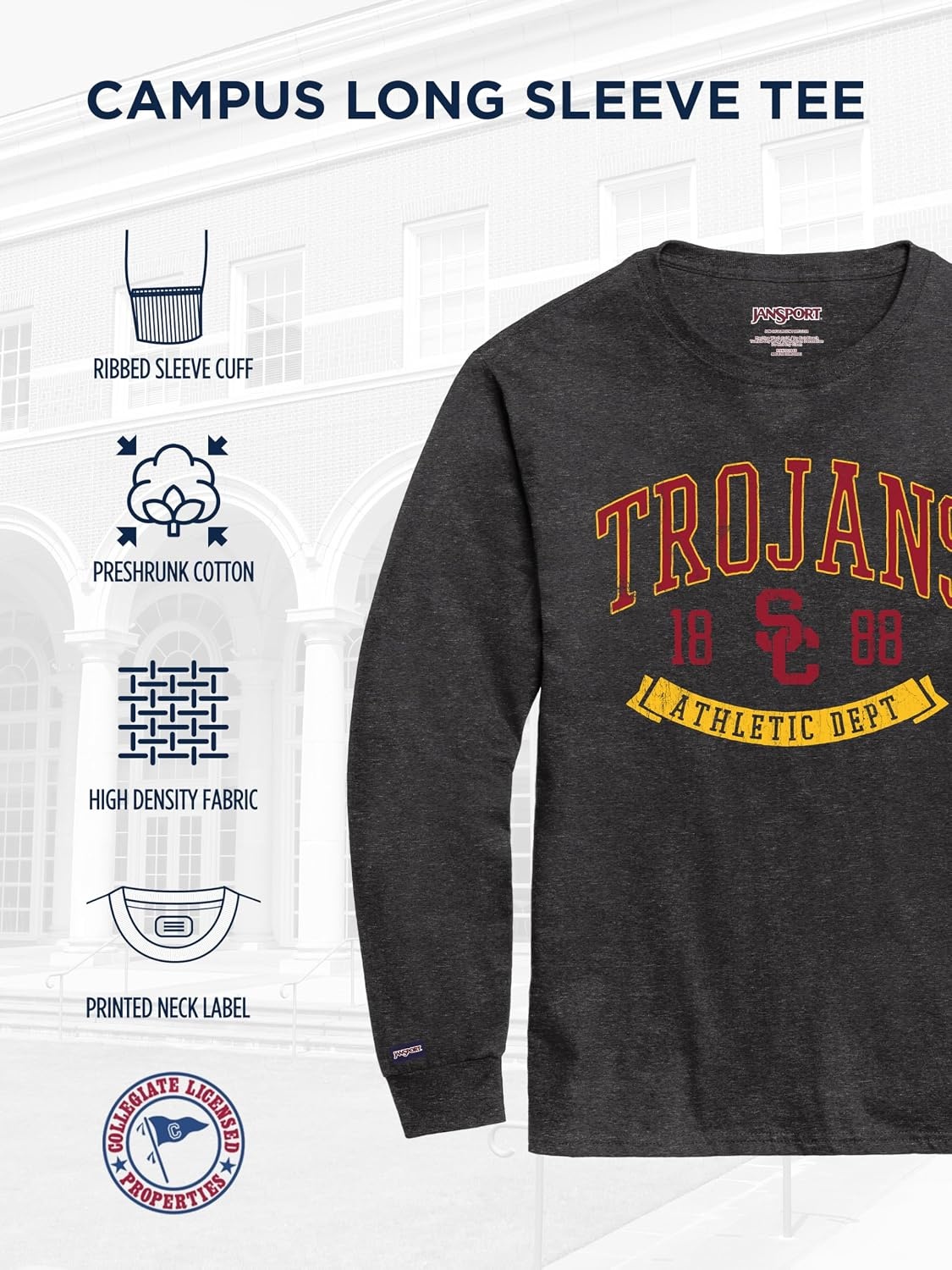 image:imageJanSport NCAA Officially Licensed Campus Long Sleeve T Shirt for Men Soft amp Breathable PreShrunk Cotton Crewneck T ShirtUSC Trojans