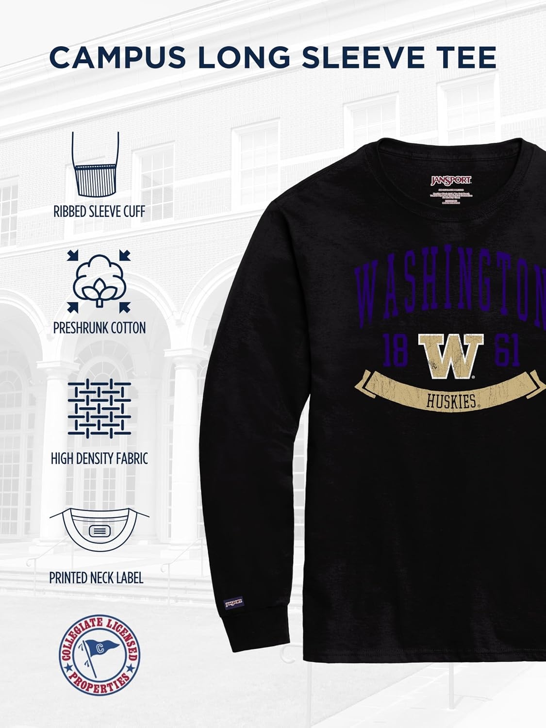 image:imageJanSport NCAA Officially Licensed Campus Long Sleeve T Shirt for Men Soft amp Breathable PreShrunk Cotton Crewneck T ShirtWashington Huskies