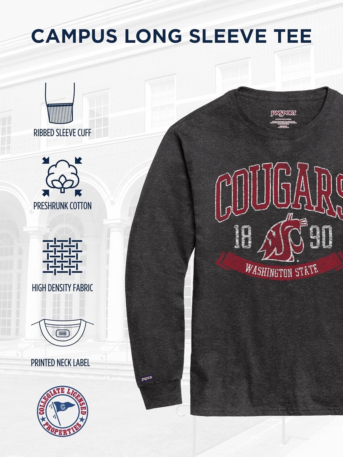 image:imageJanSport NCAA Officially Licensed Campus Long Sleeve T Shirt for Men Soft amp Breathable PreShrunk Cotton Crewneck T ShirtWashington State Cougars