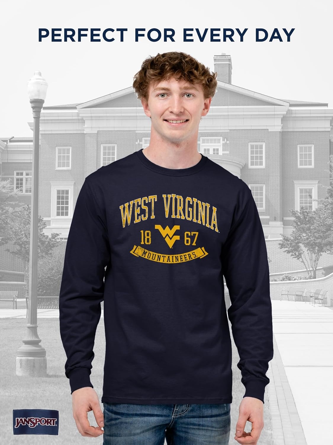 image:imageJanSport NCAA Officially Licensed Campus Long Sleeve T Shirt for Men Soft amp Breathable PreShrunk Cotton Crewneck T ShirtWest Virginia Mountaineers