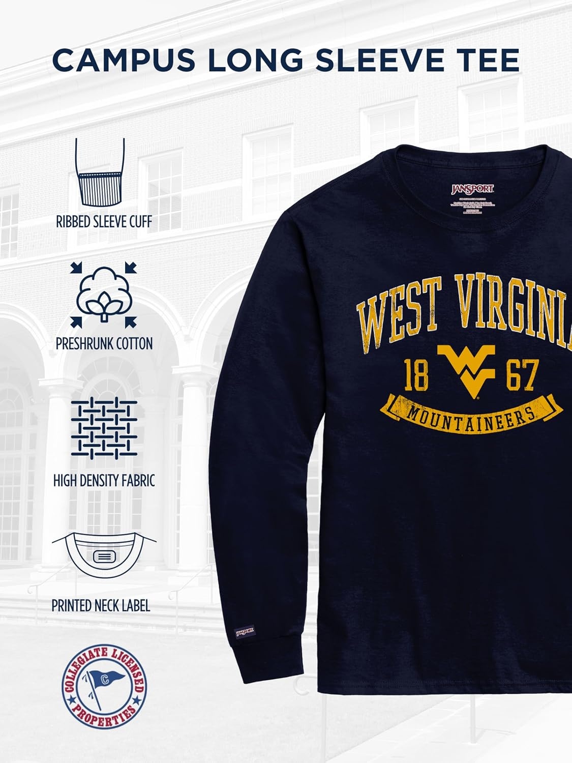 image:imageJanSport NCAA Officially Licensed Campus Long Sleeve T Shirt for Men Soft amp Breathable PreShrunk Cotton Crewneck T ShirtWest Virginia Mountaineers