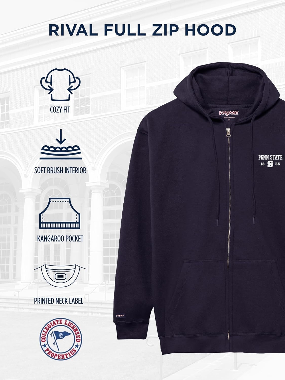 image:imageJanSport NCAA Officially Licensed Rival Full Zip Hood Long Sleeve Unisex Hoodie CottonPolyester Blend with DoubleLayered Fleece Hood amp ExtraDeep Front Pockets Adjustable Drawstring Navy