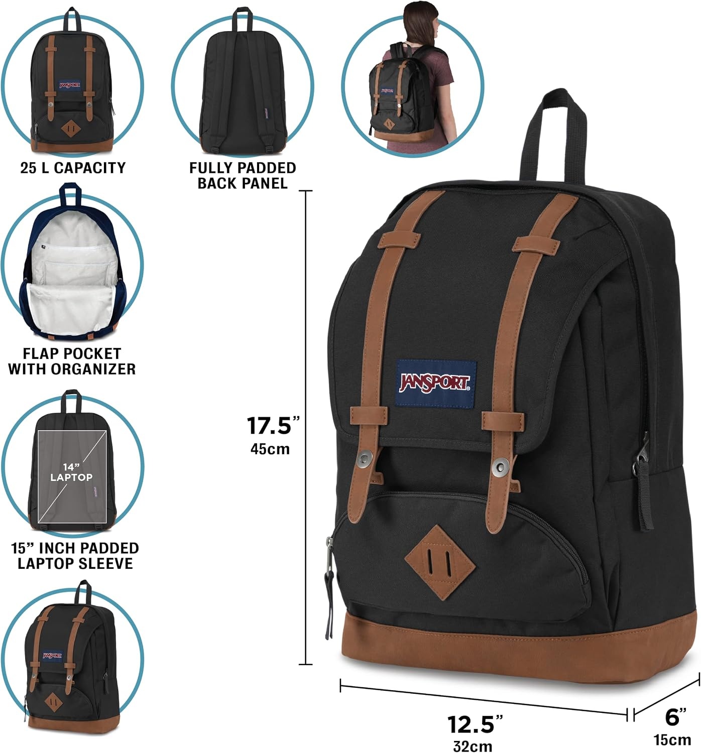 image:imageJanSport Cortlandt Laptop Backpack Russet Red 15 Laptop SleeveSynthetic Leather Shoulder Computer Bag with Large Compartment Padded Straps Rucksack for Men WomenNavy