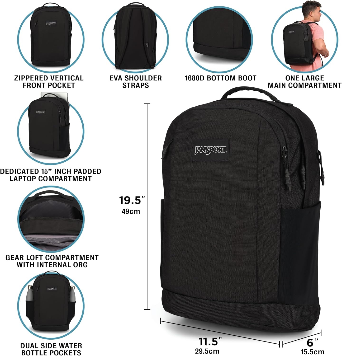 image:imageJanSport Inbound Pack Large Main Compartment Dual Water Bottle Pockets and Dedicated 15Inch Padded Laptop Pocket BlackBlack
