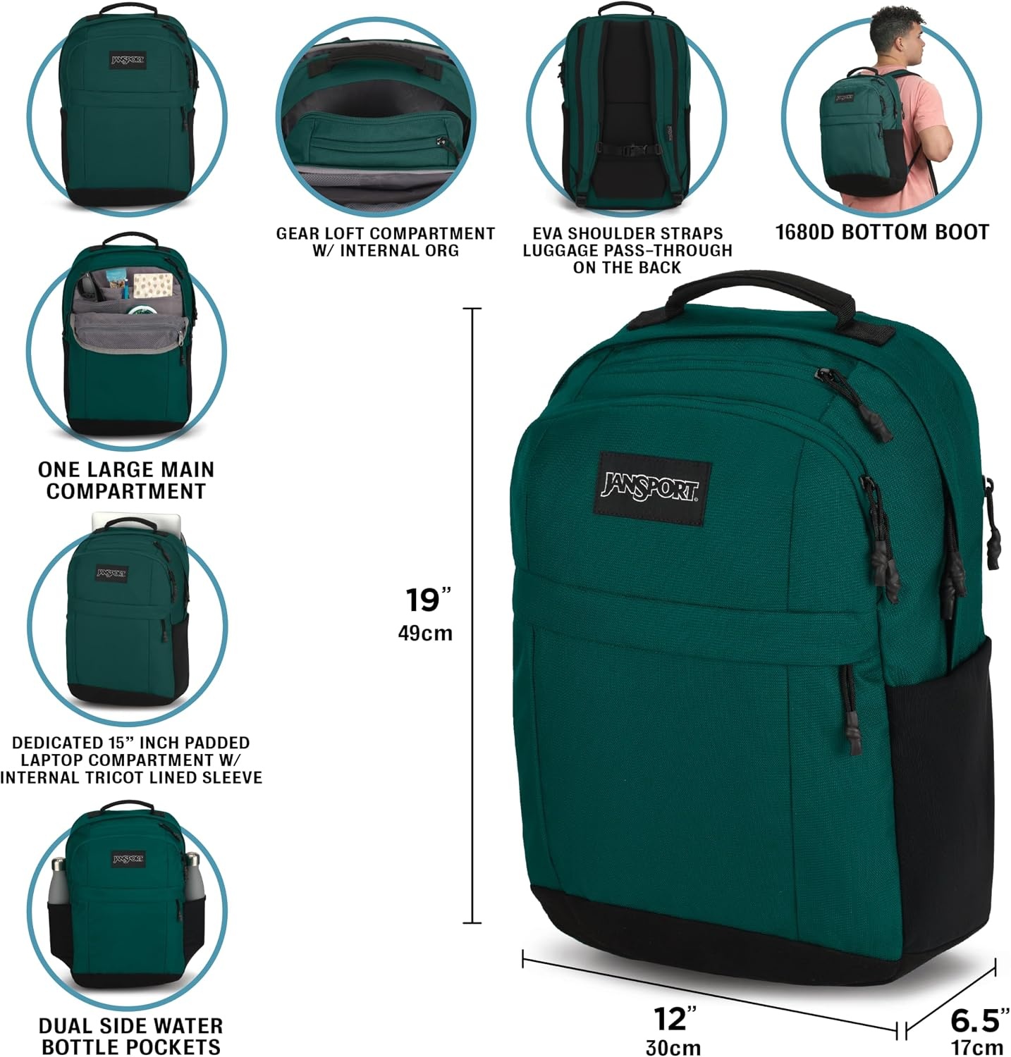 image:imageJanSport Landings Pack Large Backpack with Soft Back Panel Dual Water Bottle Pockets 15Inch Padded Laptop Compartment BlackBlack