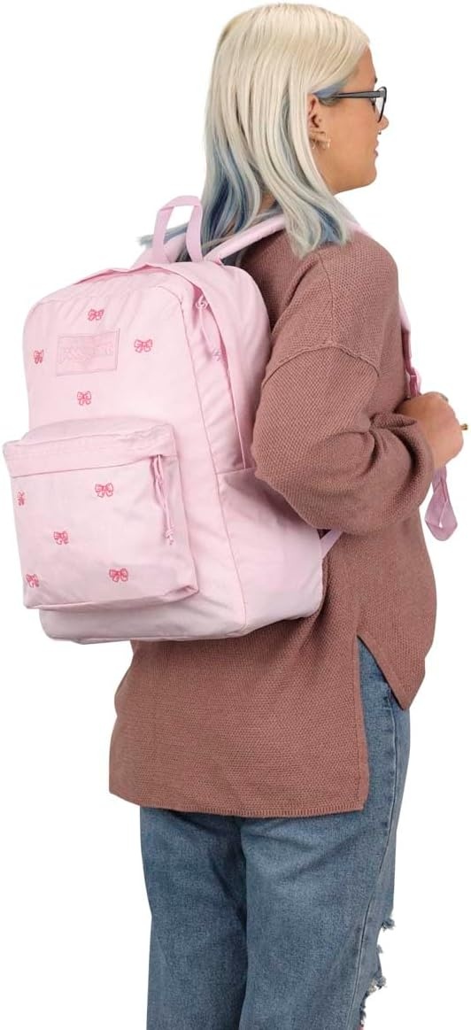 image:imageJanSport Superbreak Plus FX Backpack Work Travel or Laptop Bag with Water Bottle Pocket Oil Slick BlackEmbroidered Bows