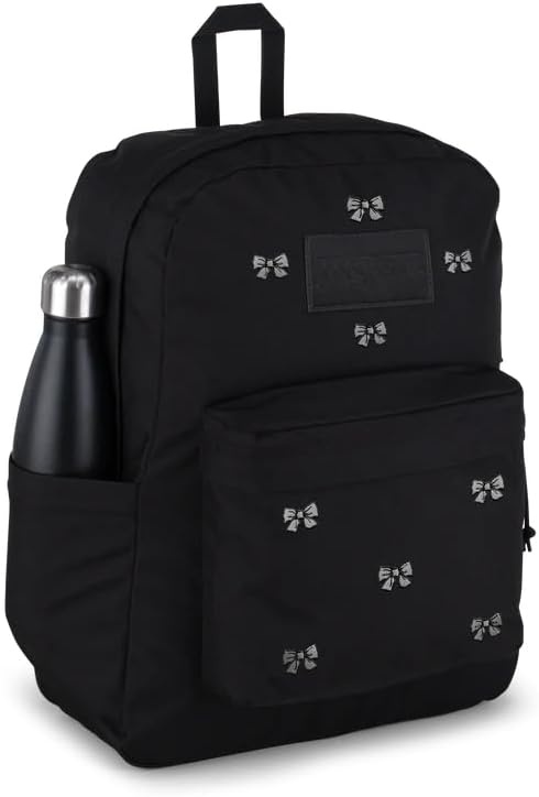 image:imageJanSport Superbreak Plus FX Backpack Work Travel or Laptop Bag with Water Bottle Pocket Oil Slick BlackEmbroidered Bows Black