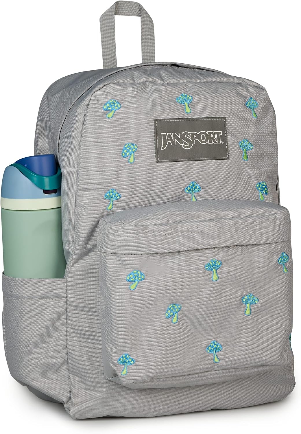 image:imageJanSport Superbreak Plus FX Backpack Work Travel or Laptop Bag with Water Bottle Pocket Oil Slick BlackEmbroidered Shrooms Md GreyE AzulBratty