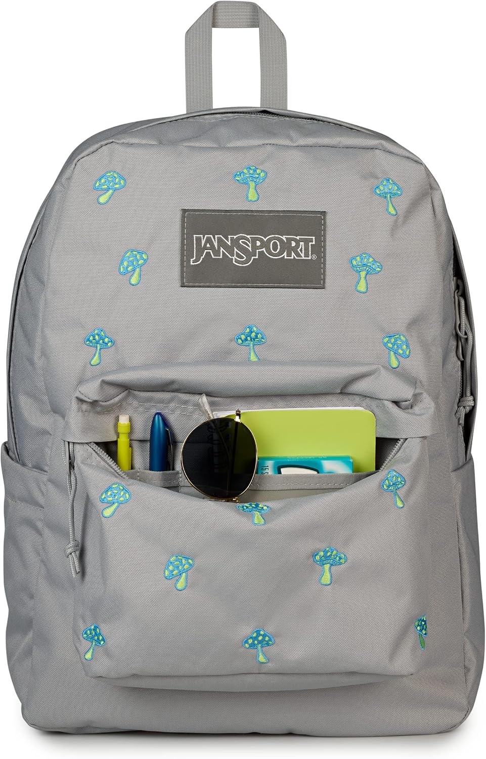 image:imageJanSport Superbreak Plus FX Backpack Work Travel or Laptop Bag with Water Bottle Pocket Oil Slick BlackEmbroidered Shrooms Md GreyE AzulBratty