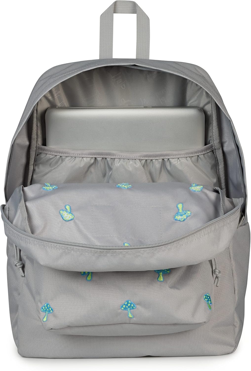 image:imageJanSport Superbreak Plus FX Backpack Work Travel or Laptop Bag with Water Bottle Pocket Oil Slick BlackEmbroidered Shrooms Md GreyE AzulBratty