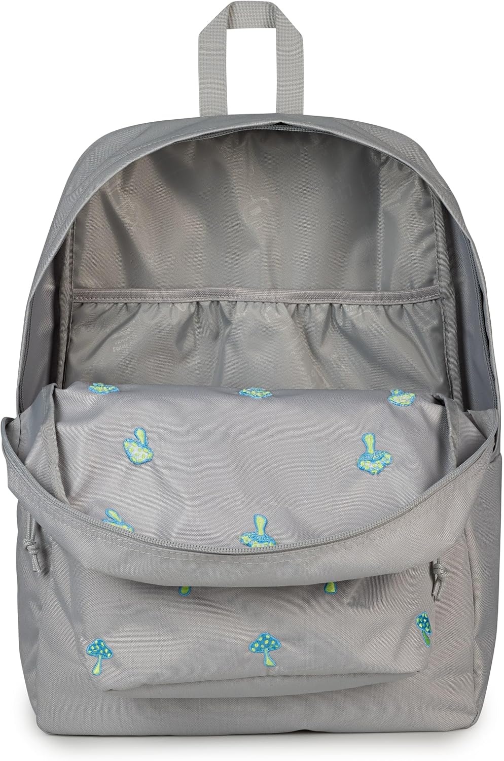 image:imageJanSport Superbreak Plus FX Backpack Work Travel or Laptop Bag with Water Bottle Pocket Oil Slick BlackEmbroidered Shrooms Md GreyE AzulBratty