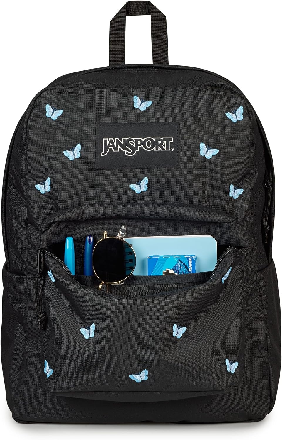 image:imageJanSport Superbreak Plus FX Backpack Work Travel or Laptop Bag with Water Bottle Pocket Oil Slick BlackTiny Butterflies BlackMd BluLt Blu