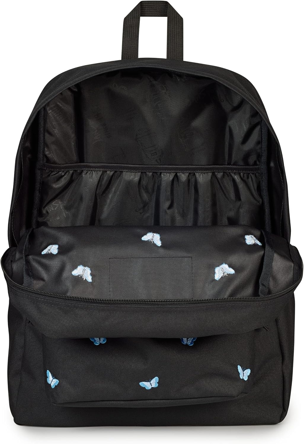 image:imageJanSport Superbreak Plus FX Backpack Work Travel or Laptop Bag with Water Bottle Pocket Oil Slick BlackTiny Butterflies BlackMd BluLt Blu
