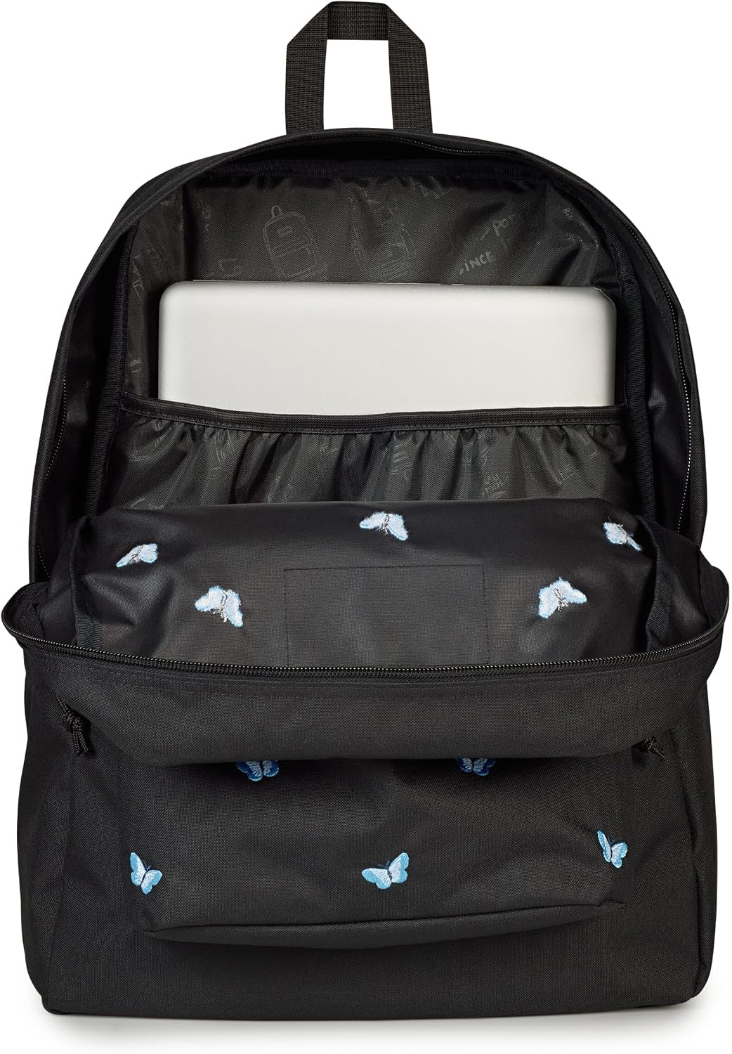 image:imageJanSport Superbreak Plus FX Backpack Work Travel or Laptop Bag with Water Bottle Pocket Oil Slick BlackTiny Butterflies BlackMd BluLt Blu