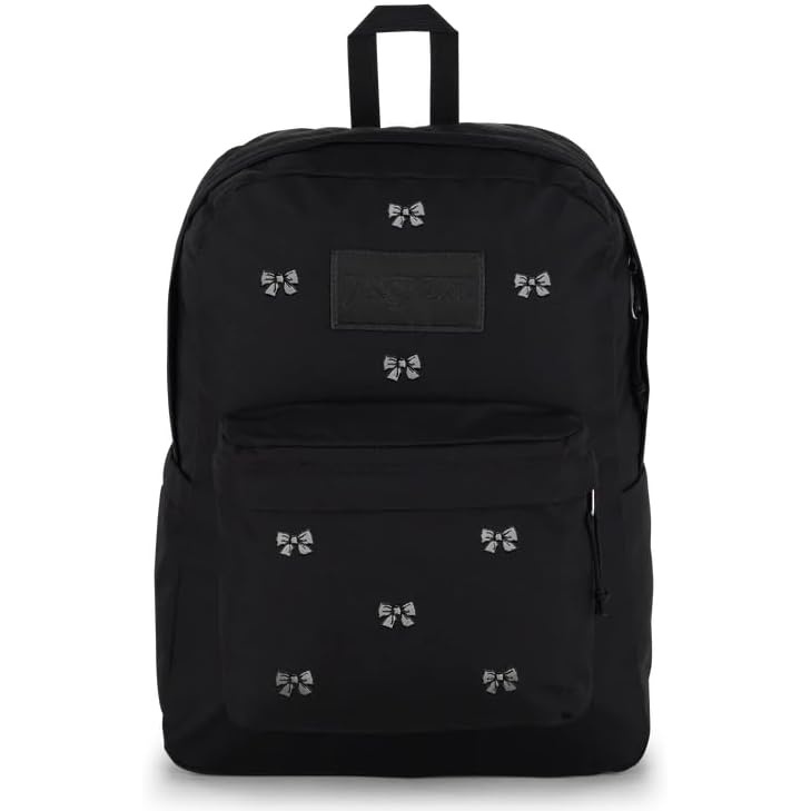 image:imageJanSport Superbreak Plus FX Backpack Work Travel or Laptop Bag with Water Bottle Pocket Oil Slick BlackEmbroidered Bows Black