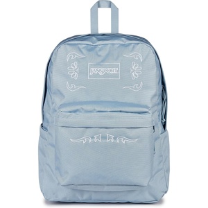JanSport Superbreak Plus FX Backpack – Work, Travel, or Laptop Bag with Water Bottle Pocket – Oil Slick Black(Bandana Jam Emb Blue Dusk/White/White)