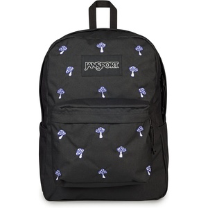 JanSport Superbreak Plus FX Backpack – Work, Travel, or Laptop Bag with Water Bottle Pocket – Oil Slick Black(Embroidered Shrooms)
