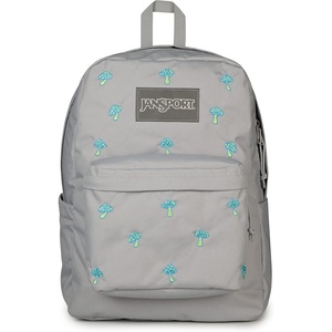 JanSport Superbreak Plus FX Backpack – Work, Travel, or Laptop Bag with Water Bottle Pocket – Oil Slick Black(Embroidered Shrooms Md Grey/E Azul/Bratty)