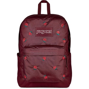 JanSport Superbreak Plus FX Backpack – Work, Travel, or Laptop Bag with Water Bottle Pocket – Oil Slick Black(Just a Rose Emb Cherry Lacquer/Grn/Red)