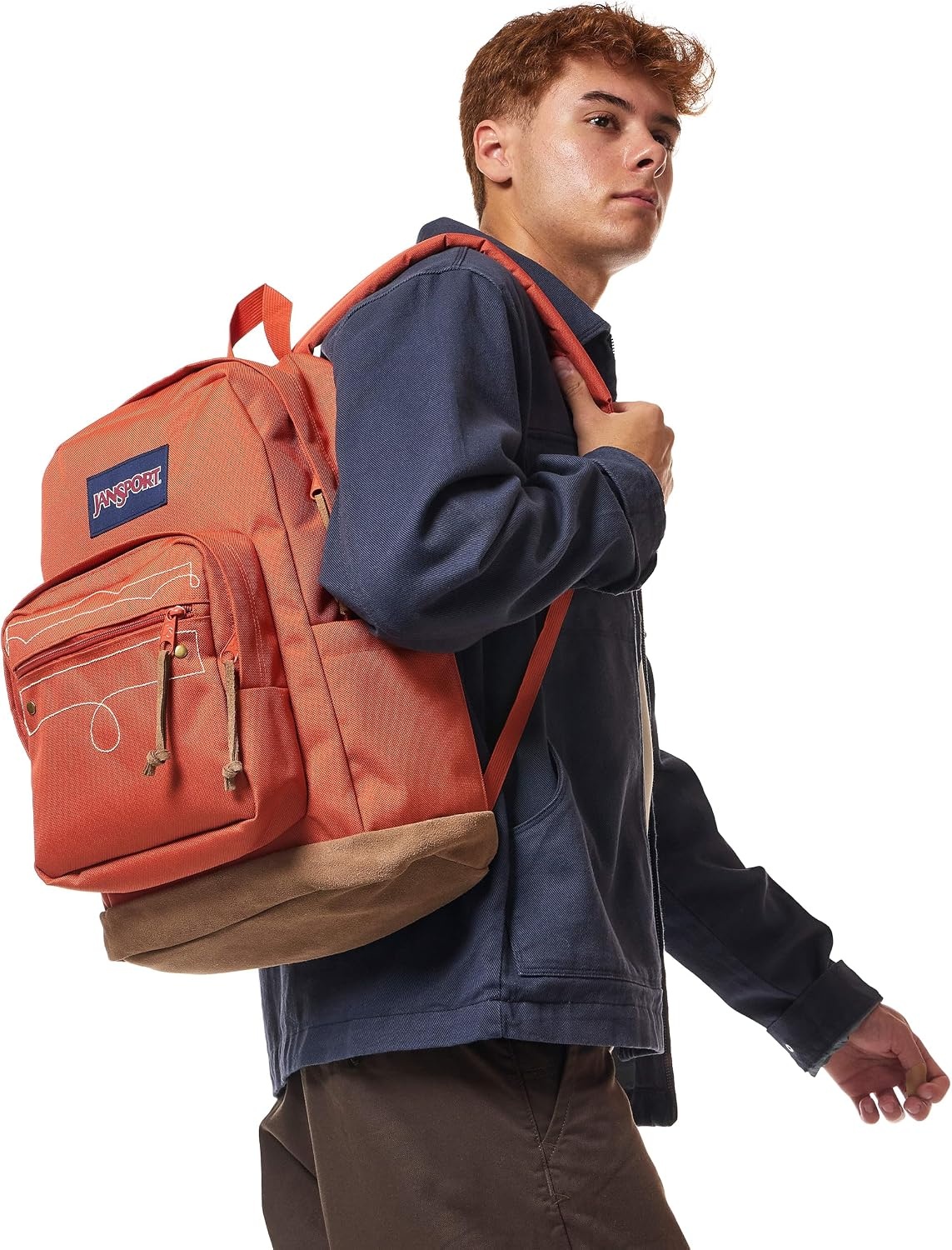image:imageJanSport Right Pack Expressions Backpack Main Compartment 15inch Padded Laptop Compartment Side Water Bottle Pocket Utility Pocket with Zippered Rain Flap Denim Wash BlueWestbound Embroidery Dune RedBrownTan