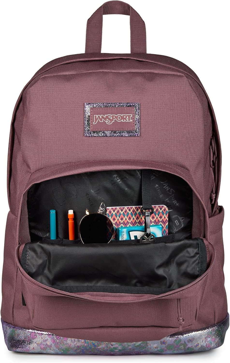 image:imageJanSport Right Pack Expressions Backpack Main Compartment 15inch Padded Laptop Compartment Side Water Bottle Pocket Utility Pocket with Zippered Rain Flap Denim Wash BlueBog Glam Suede Mahogany HazeBrnPink