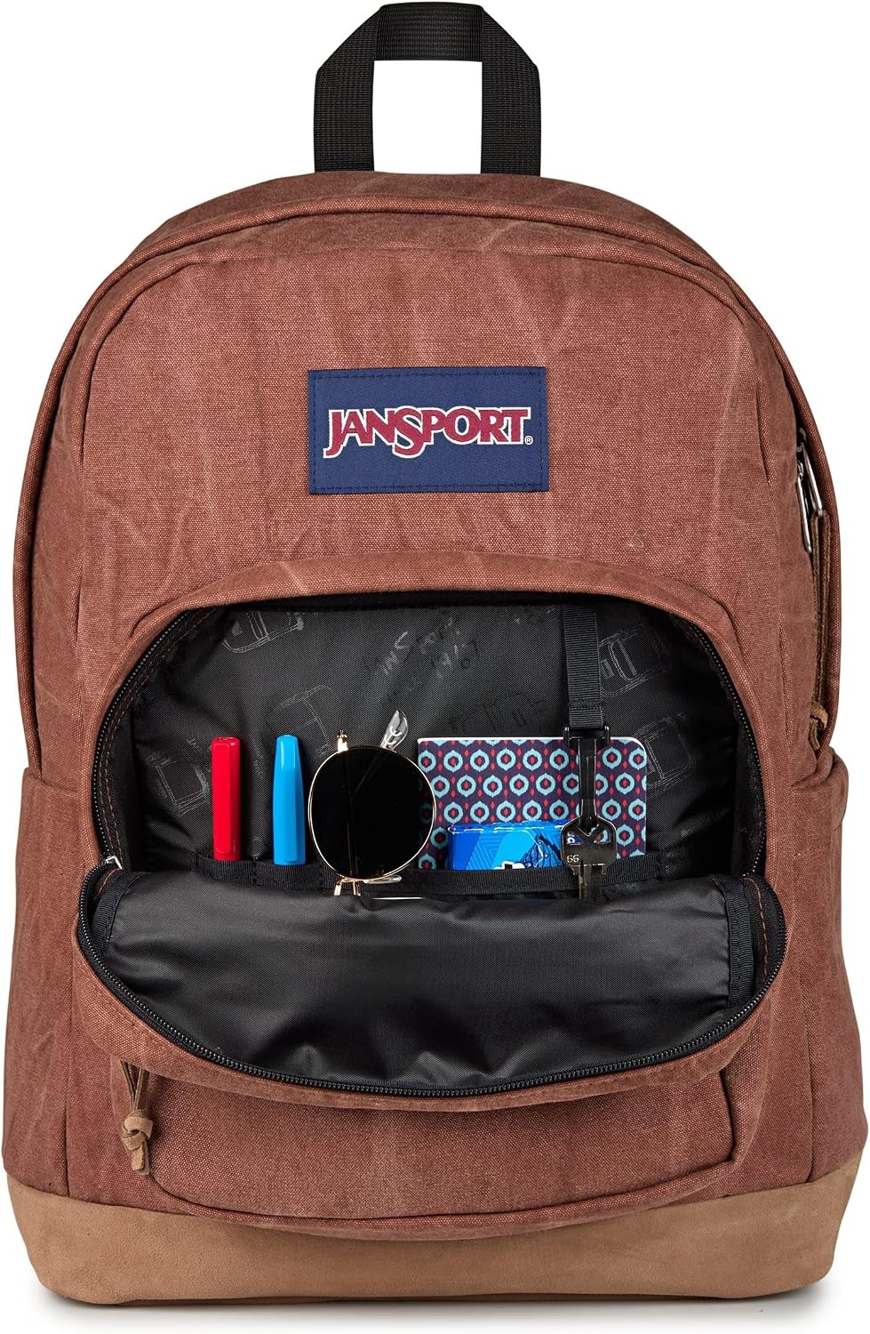 image:imageJanSport Right Pack Expressions Backpack Main Compartment 15inch Padded Laptop Compartment Side Water Bottle Pocket Utility Pocket with Zippered Rain Flap Denim Wash BlueAged Canvas BrownLt BrnDk Brown