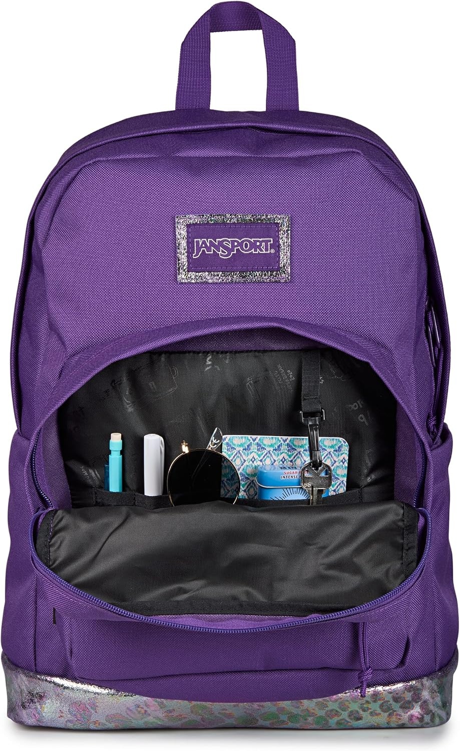 image:imageJanSport Right Pack Expressions Backpack Main Compartment 15inch Padded Laptop Compartment Side Water Bottle Pocket Utility Pocket with Zippered Rain Flap Denim Wash BlueBog Glam Suede Grape JellyPurplePink
