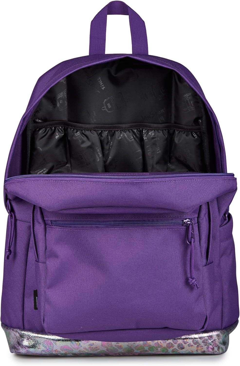 image:imageJanSport Right Pack Expressions Backpack Main Compartment 15inch Padded Laptop Compartment Side Water Bottle Pocket Utility Pocket with Zippered Rain Flap Denim Wash BlueBog Glam Suede Grape JellyPurplePink