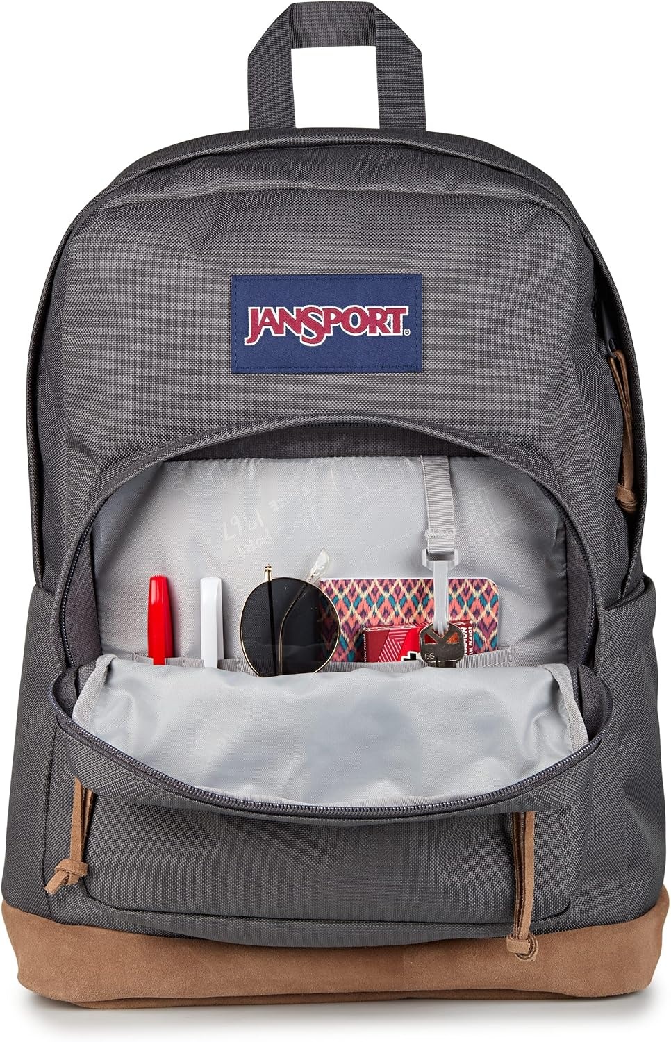 image:imageJanSport Right Pack Expressions Backpack Main Compartment 15inch Padded Laptop Compartment Side Water Bottle Pocket Utility Pocket with Zippered Rain Flap Denim Wash BlueWestbound Embroidery Smokey GritOxfordTan