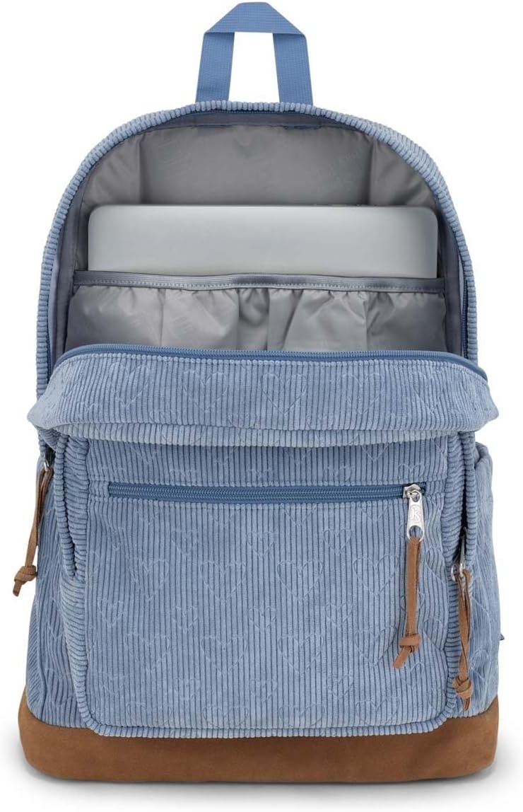 image:imageJanSport Right Pack Expressions Backpack Main Compartment 15inch Padded Laptop Compartment Side Water Bottle Pocket Utility Pocket with Zippered Rain Flap Denim Wash BlueEmbossed Hearts Blue