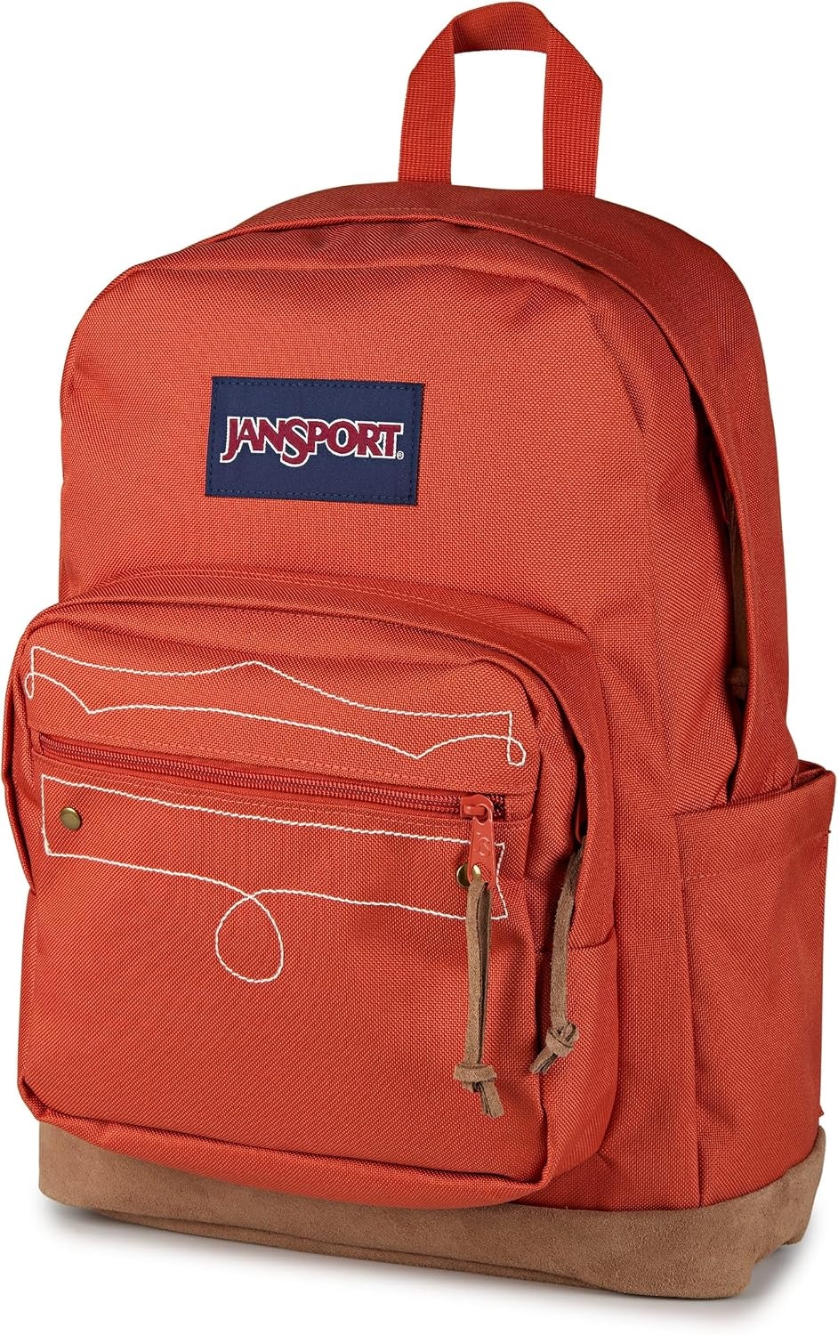 image:imageJanSport Right Pack Expressions Backpack Main Compartment 15inch Padded Laptop Compartment Side Water Bottle Pocket Utility Pocket with Zippered Rain Flap Denim Wash BlueWestbound Embroidery Dune RedBrownTan