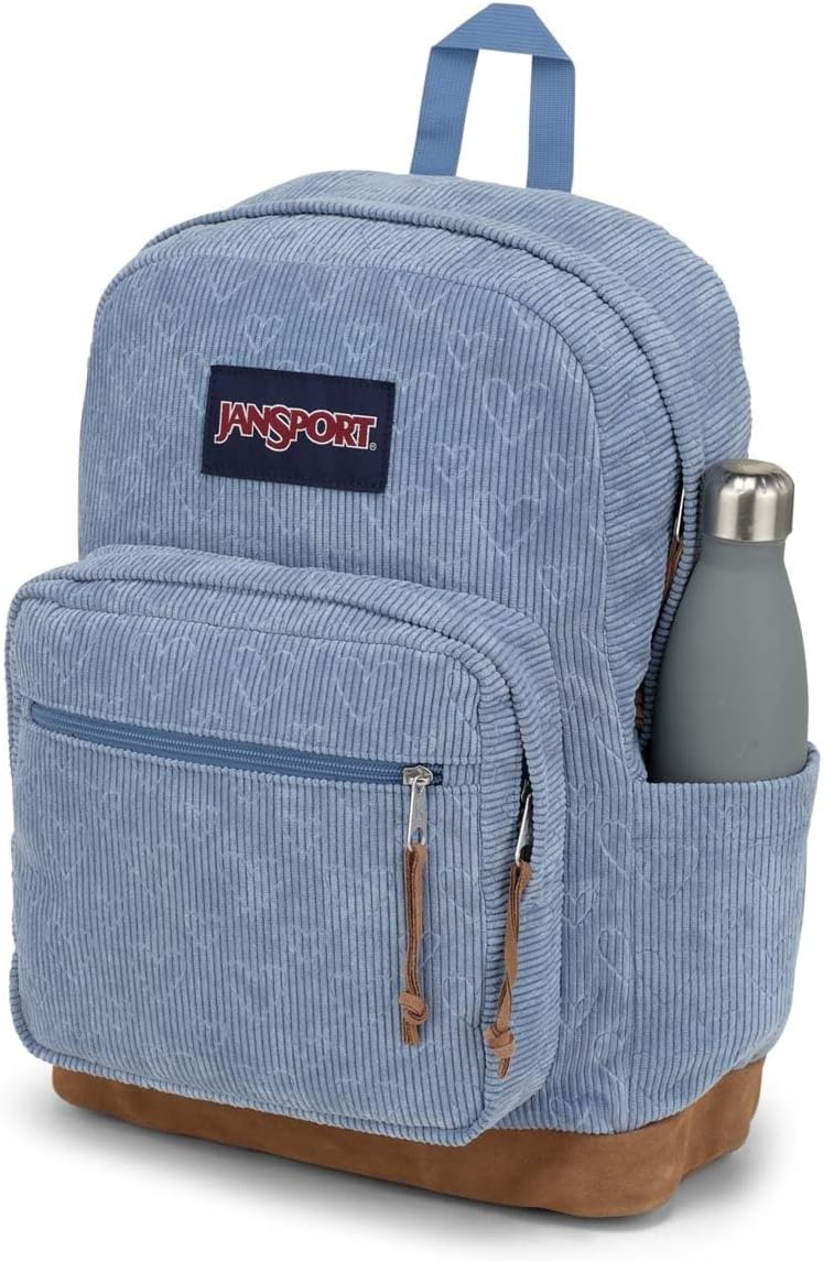image:imageJanSport Right Pack Expressions Backpack Main Compartment 15inch Padded Laptop Compartment Side Water Bottle Pocket Utility Pocket with Zippered Rain Flap Denim Wash BlueEmbossed Hearts Blue