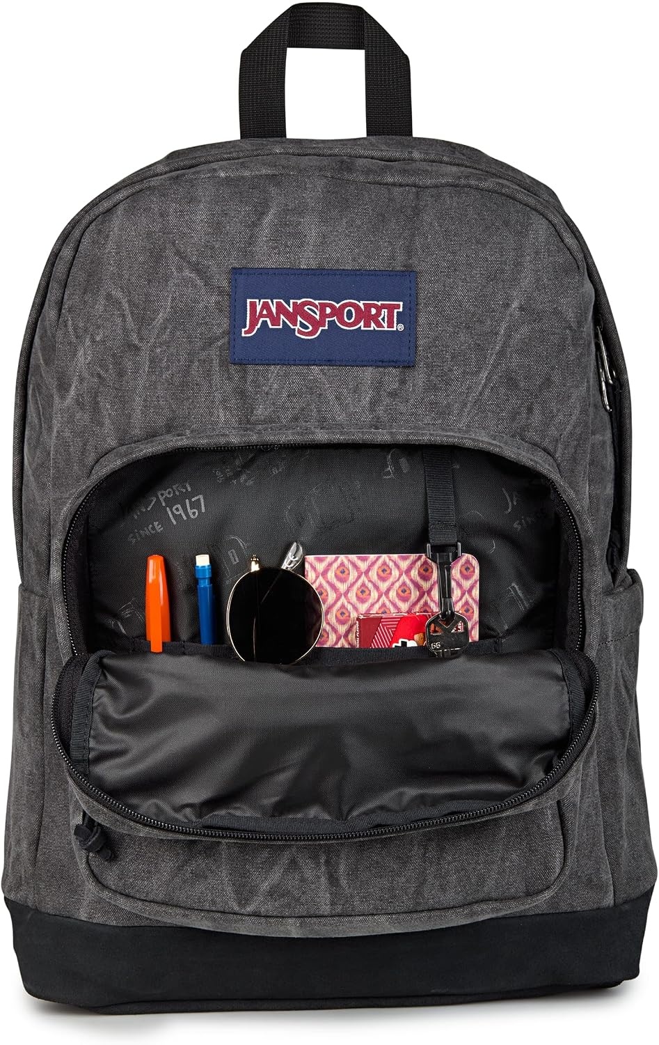 image:imageJanSport Right Pack Expressions Backpack Main Compartment 15inch Padded Laptop Compartment Side Water Bottle Pocket Utility Pocket with Zippered Rain Flap Denim Wash BlueAged Canvas BlackOxfordBlack