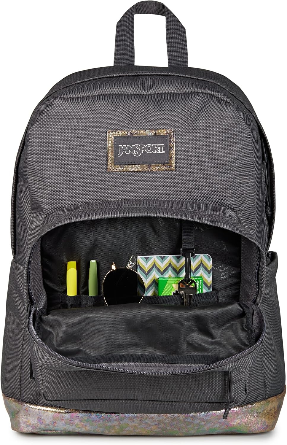 image:imageJanSport Right Pack Expressions Backpack Main Compartment 15inch Padded Laptop Compartment Side Water Bottle Pocket Utility Pocket with Zippered Rain Flap Denim Wash BlueBog Glam Suede Smokey GritBrown