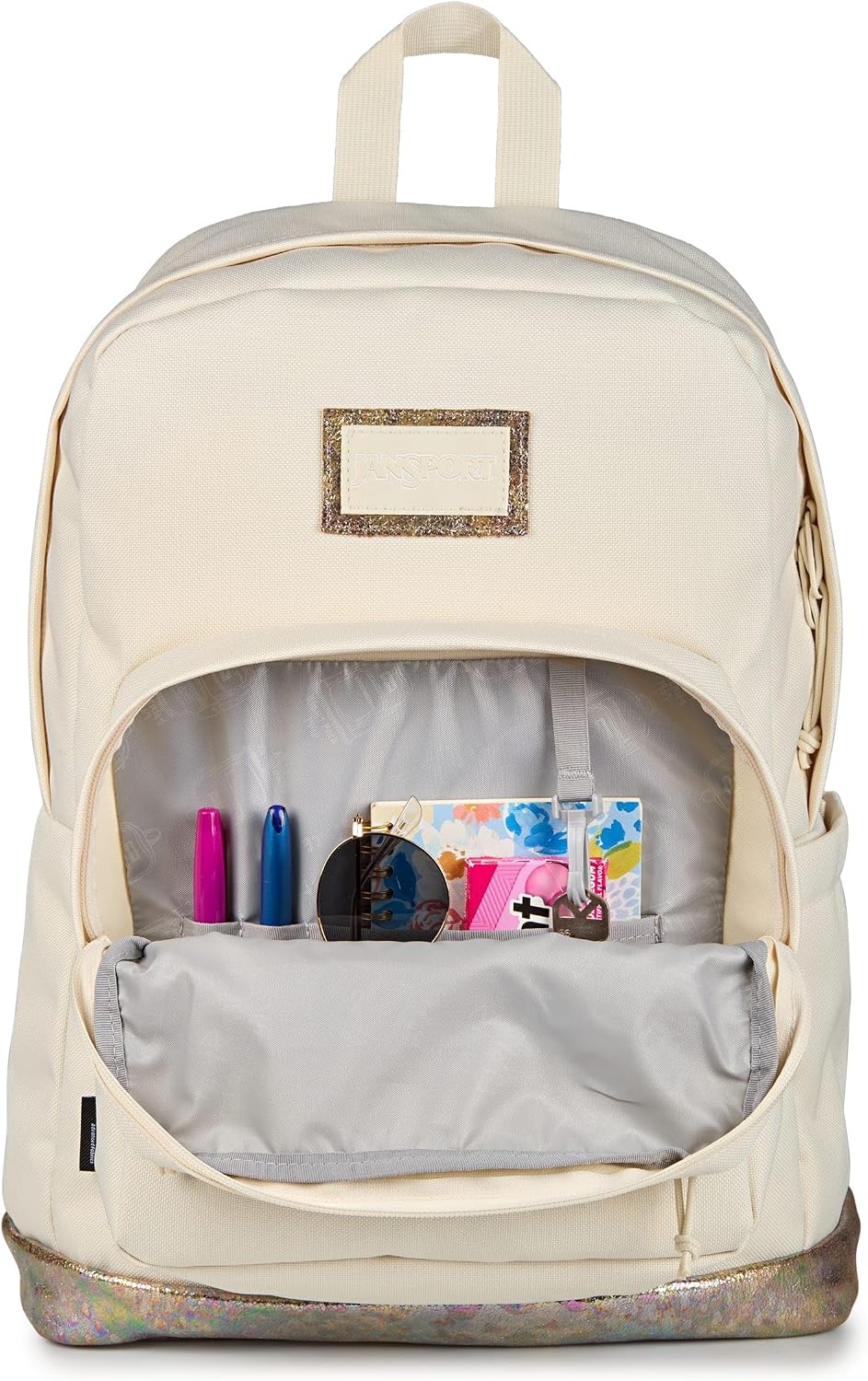 image:imageJanSport Right Pack Expressions Backpack Main Compartment 15inch Padded Laptop Compartment Side Water Bottle Pocket Utility Pocket with Zippered Rain Flap Denim Wash BlueBog Glam Suede Moon FlowerBrown