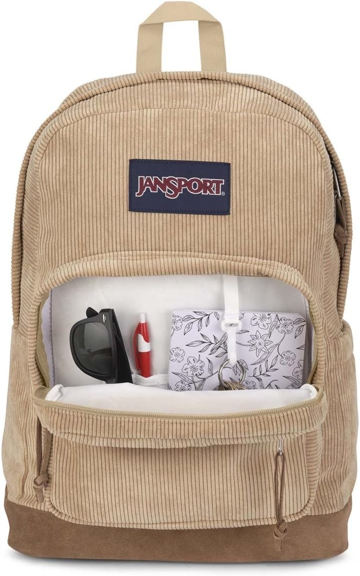 image:imageJanSport Right Pack Expressions Backpack Main Compartment 15inch Padded Laptop Compartment Side Water Bottle Pocket Utility Pocket with Zippered Rain Flap Denim Wash BlueCurry Corduroy