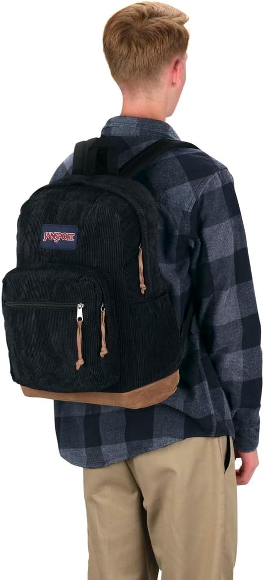 image:imageJanSport Right Pack Expressions Backpack Main Compartment 15inch Padded Laptop Compartment Side Water Bottle Pocket Utility Pocket with Zippered Rain Flap Denim Wash BlueBlack Corduroy
