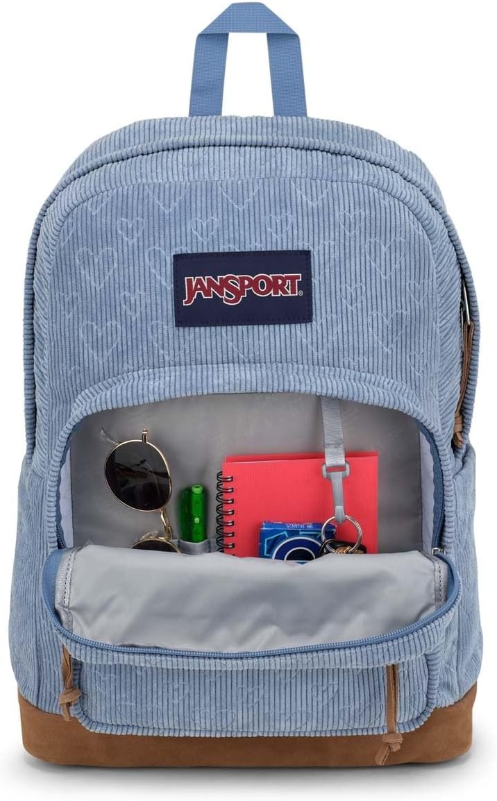image:imageJanSport Right Pack Expressions Backpack Main Compartment 15inch Padded Laptop Compartment Side Water Bottle Pocket Utility Pocket with Zippered Rain Flap Denim Wash BlueEmbossed Hearts Blue